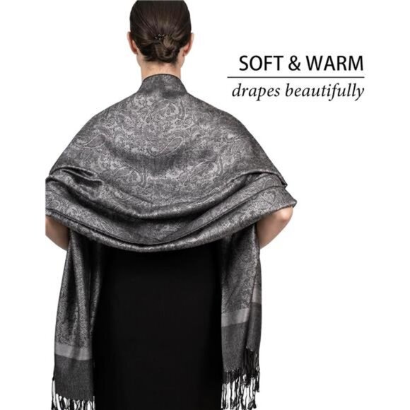 Two-Tone  Paisley Pashmina Scarf – Lightweight Grey - Picture 5 of 6